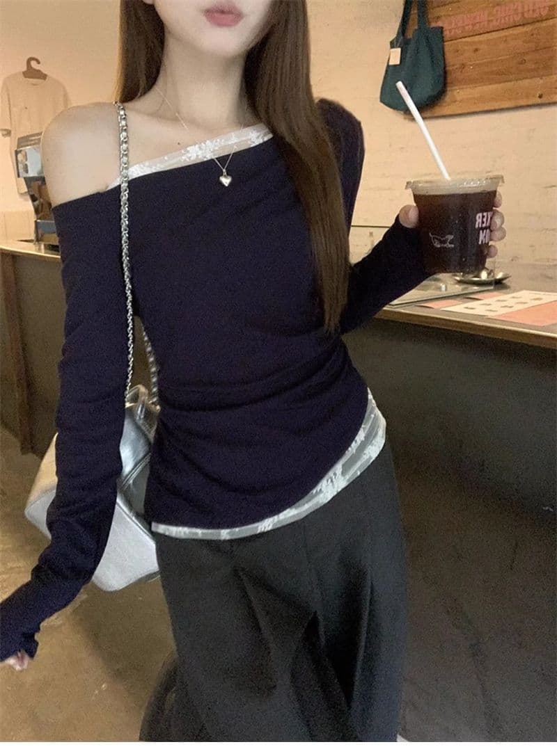 있음 선적 경관 그림 모달 사람들 면 원본 품질 오프숄더 화이트 레이스 비스듬한 어깨 티셔츠 오프숄더 상세 이미지 10