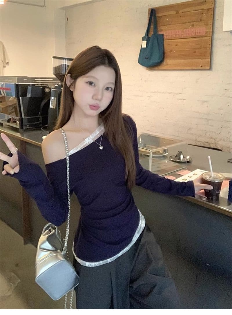 있음 선적 경관 그림 모달 사람들 면 원본 품질 오프숄더 화이트 레이스 비스듬한 어깨 티셔츠 오프숄더 상세 이미지 11