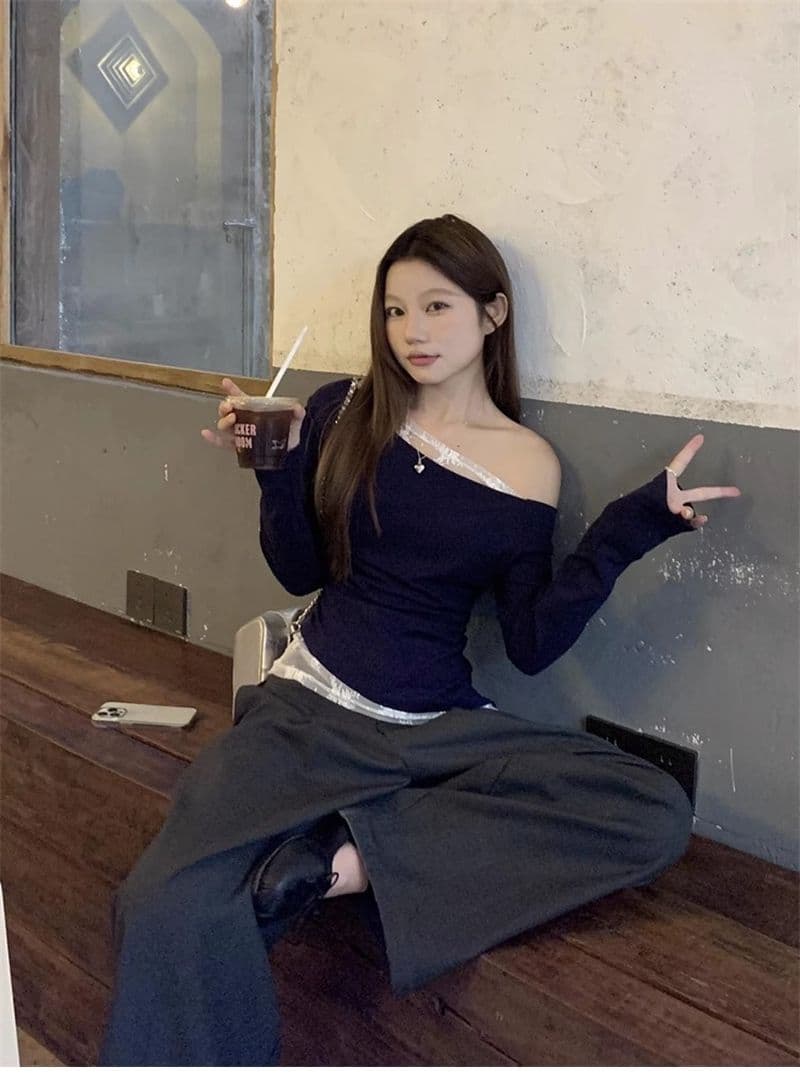 있음 선적 경관 그림 모달 사람들 면 원본 품질 오프숄더 화이트 레이스 비스듬한 어깨 티셔츠 오프숄더 상세 이미지 12