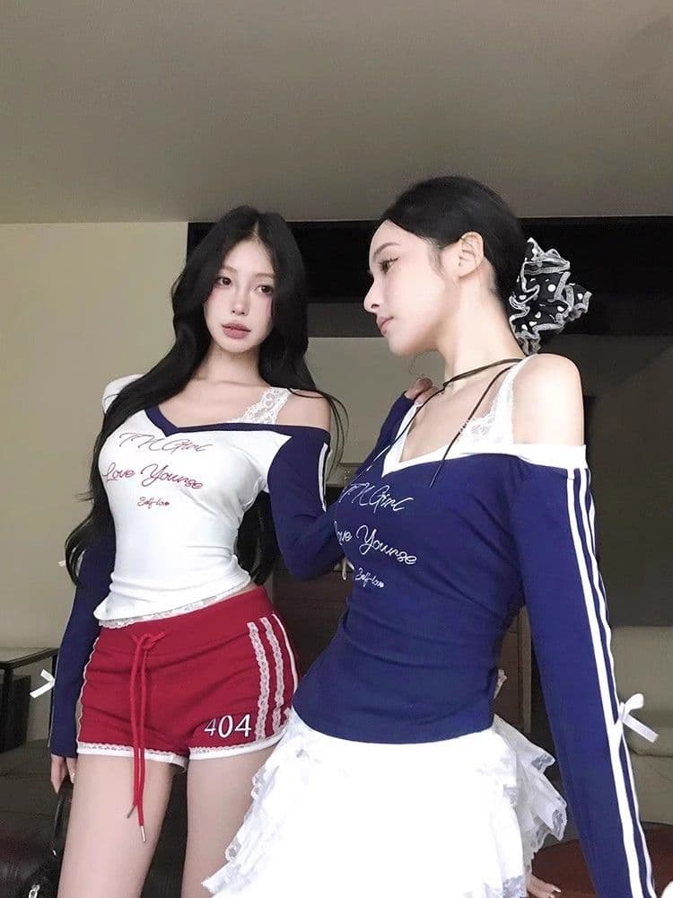 경관 그림 원본 것 알파벳 프린트 V넥 긴팔 티셔츠 한국 스타일 쇼트 스타일 기본 셔츠 맨위 상세 이미지 5