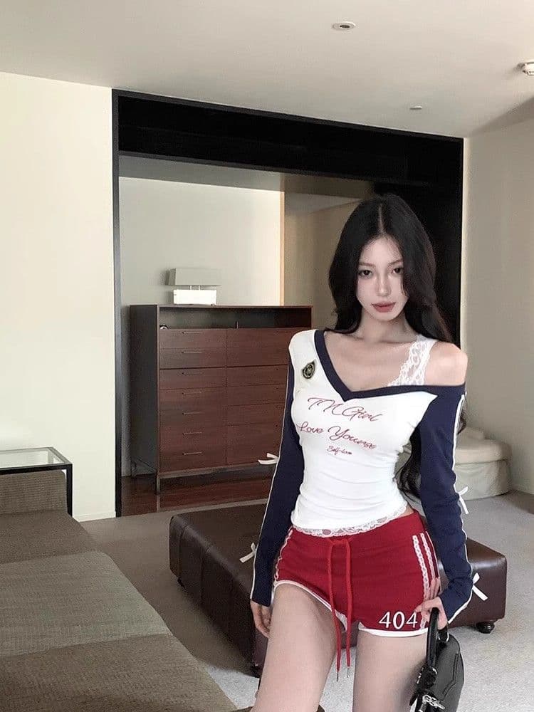경관 그림 원본 것 알파벳 프린트 V넥 긴팔 티셔츠 한국 스타일 쇼트 스타일 기본 셔츠 맨위 상세 이미지 10