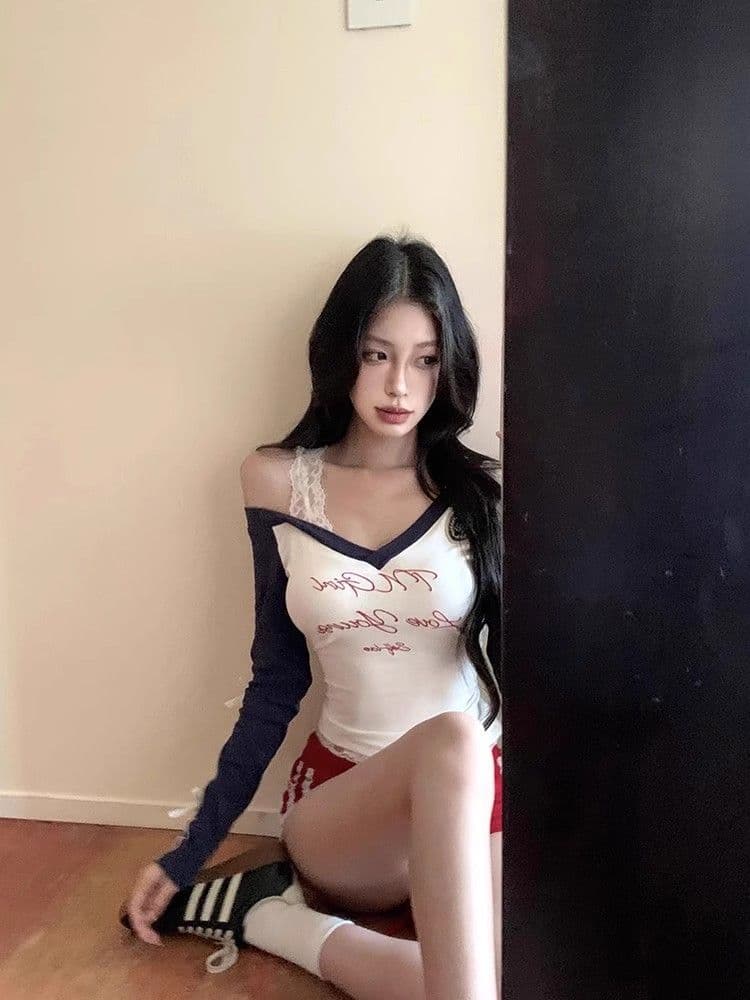 경관 그림 원본 것 알파벳 프린트 V넥 긴팔 티셔츠 한국 스타일 쇼트 스타일 기본 셔츠 맨위 상세 이미지 11