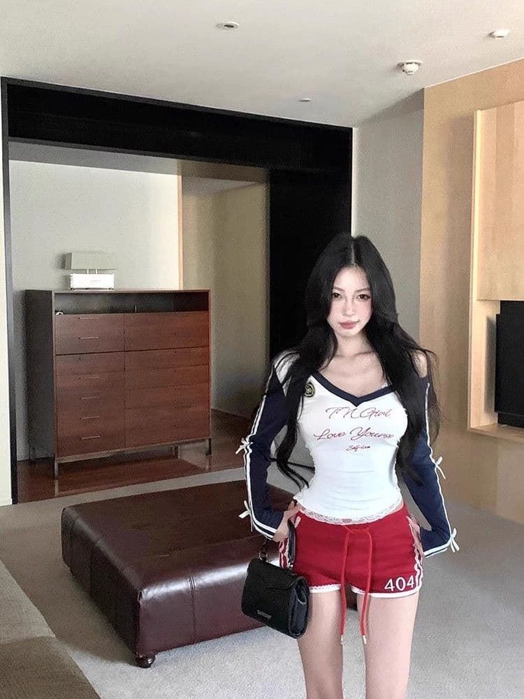 경관 그림 원본 것 알파벳 프린트 V넥 긴팔 티셔츠 한국 스타일 쇼트 스타일 기본 셔츠 맨위 상세 이미지 14