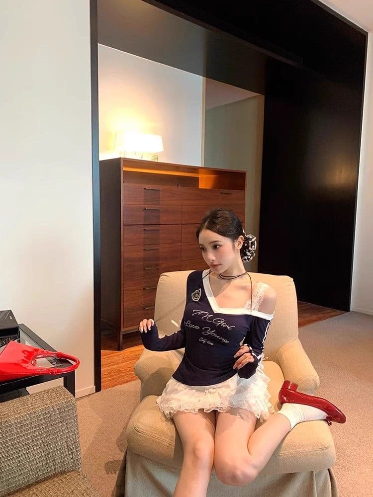 경관 그림 원본 것 알파벳 프린트 V넥 긴팔 티셔츠 한국 스타일 쇼트 스타일 기본 셔츠 맨위 상세 이미지 15