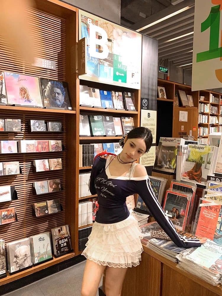 경관 그림 원본 것 알파벳 프린트 V넥 긴팔 티셔츠 한국 스타일 쇼트 스타일 기본 셔츠 맨위 상세 이미지 16