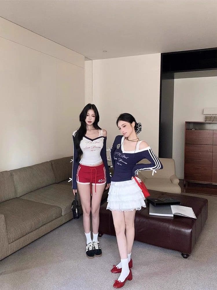 경관 그림 원본 것 알파벳 프린트 V넥 긴팔 티셔츠 한국 스타일 쇼트 스타일 기본 셔츠 맨위 상세 이미지 23