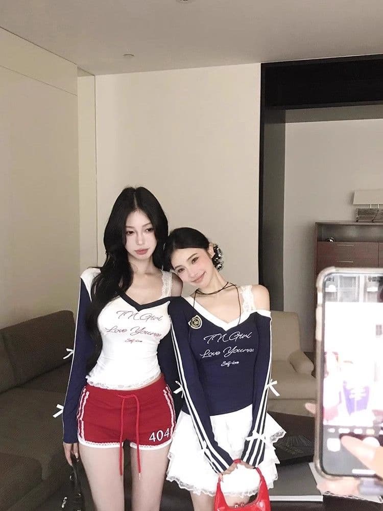 경관 그림 원본 것 알파벳 프린트 V넥 긴팔 티셔츠 한국 스타일 쇼트 스타일 기본 셔츠 맨위 상세 이미지 24