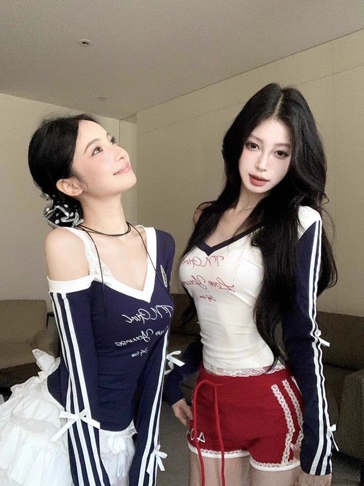 경관 그림 원본 것 알파벳 프린트 V넥 긴팔 티셔츠 한국 스타일 쇼트 스타일 기본 셔츠 맨위 상세 이미지 26