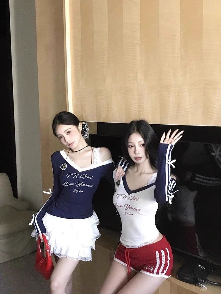 경관 그림 원본 것 알파벳 프린트 V넥 긴팔 티셔츠 한국 스타일 쇼트 스타일 기본 셔츠 맨위 상세 이미지 27