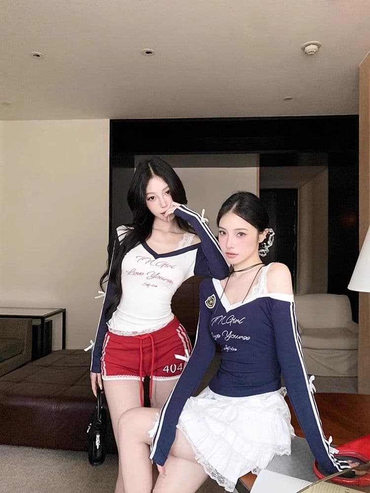 경관 그림 원본 것 알파벳 프린트 V넥 긴팔 티셔츠 한국 스타일 쇼트 스타일 기본 셔츠 맨위 상세 이미지 28