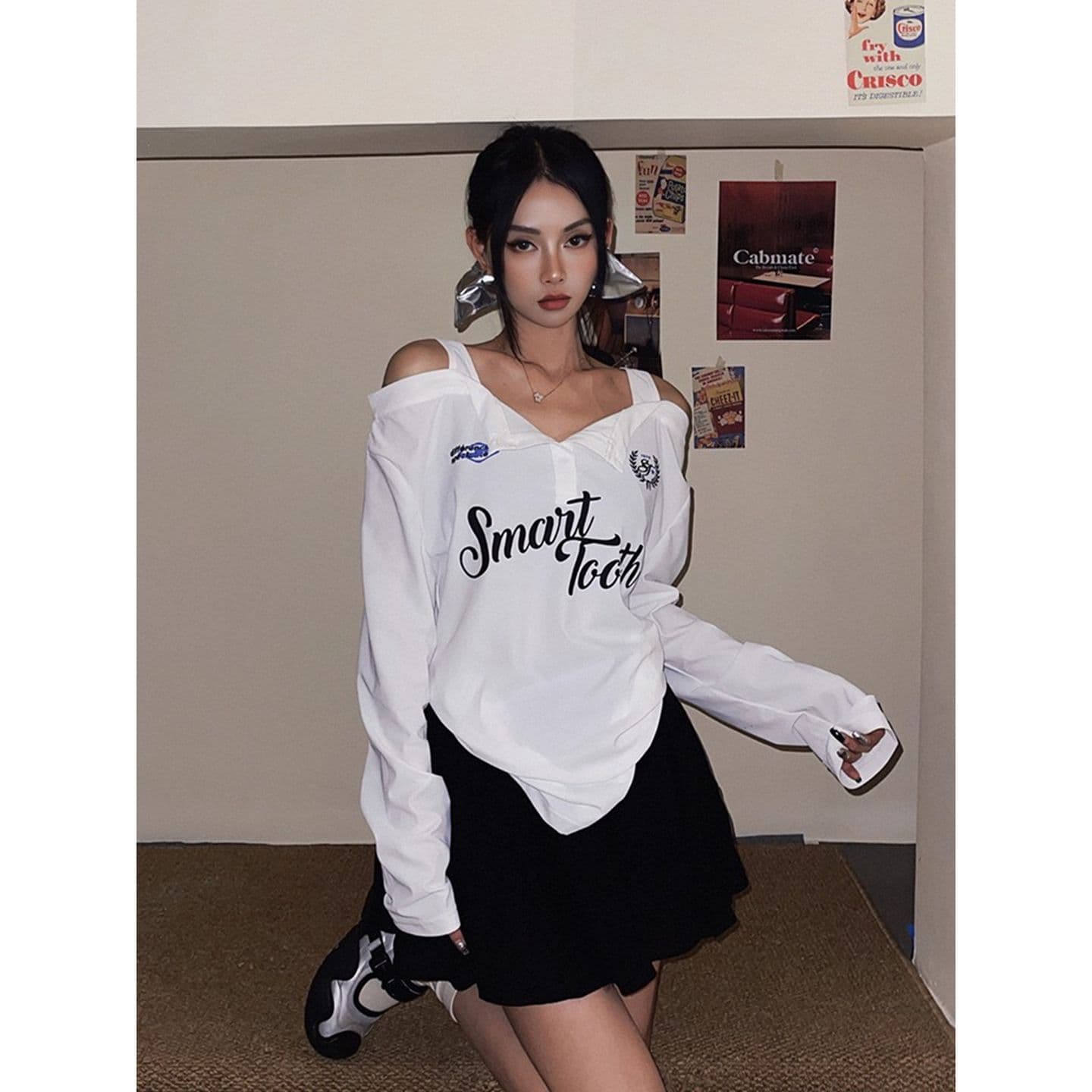 있음 선적 경관 그림 원본 원단 한국 스타일 핫걸 오프숄더 디자인 센스 슬립 패치워크 긴팔 티셔츠 태양 보호 셔츠 이미지 3