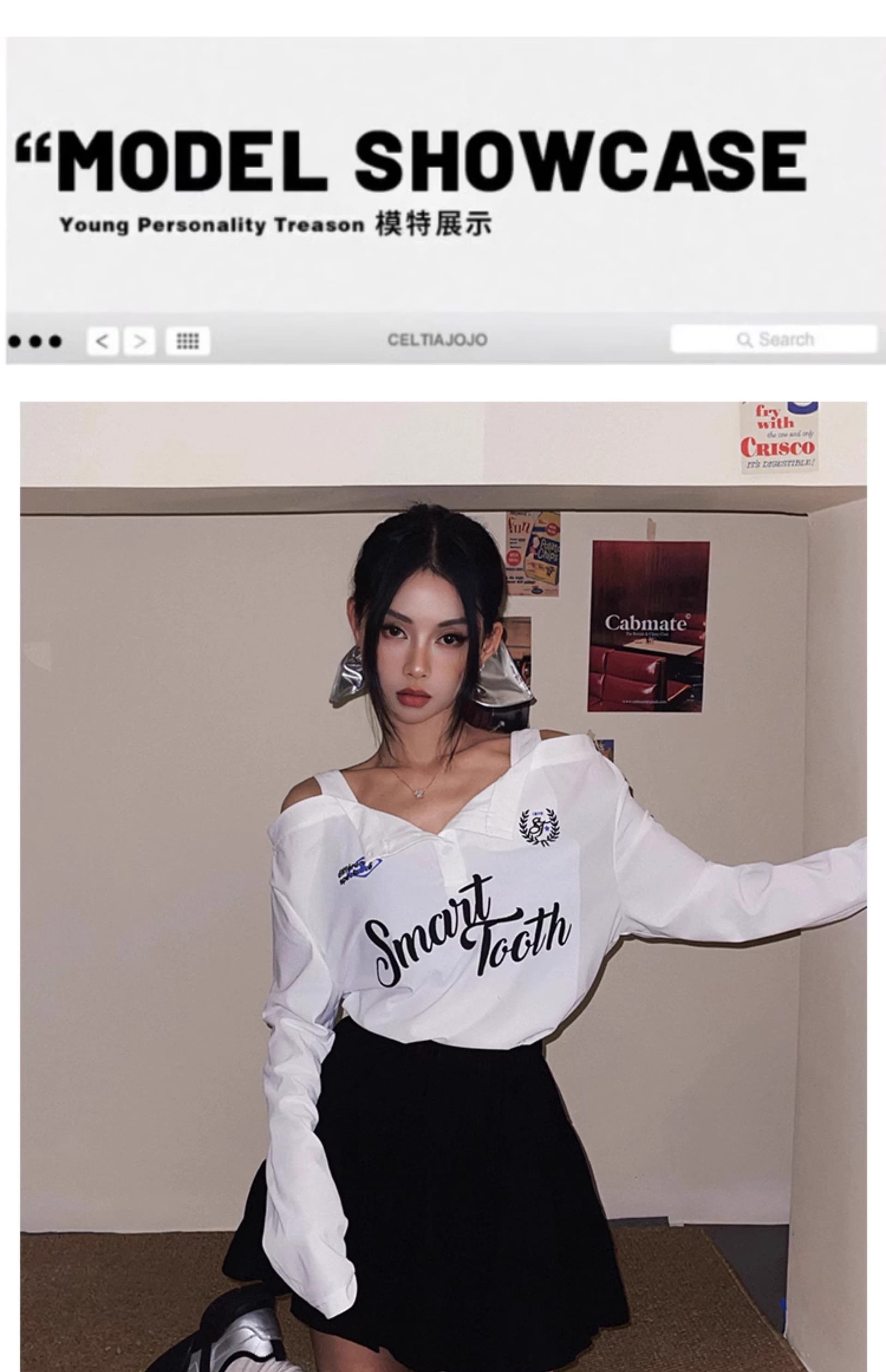 있음 선적 경관 그림 원본 원단 한국 스타일 핫걸 오프숄더 디자인 센스 슬립 패치워크 긴팔 티셔츠 태양 보호 셔츠 상세 이미지 7