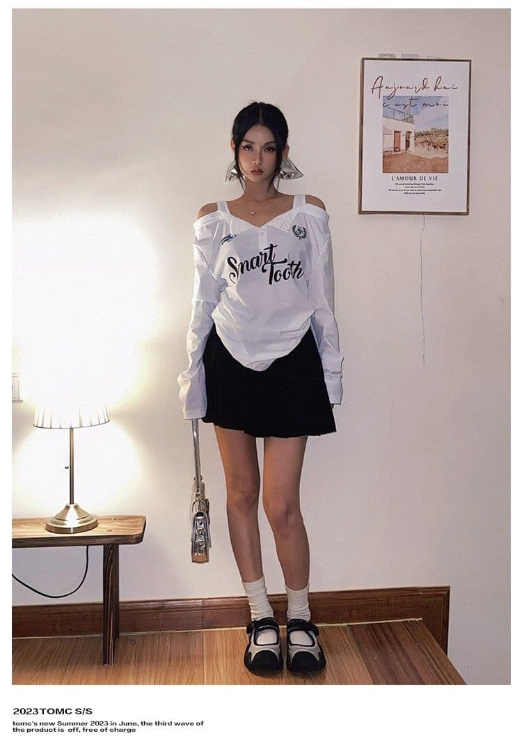 있음 선적 경관 그림 원본 원단 한국 스타일 핫걸 오프숄더 디자인 센스 슬립 패치워크 긴팔 티셔츠 태양 보호 셔츠 상세 이미지 8