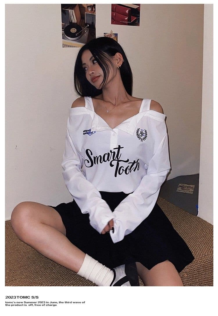 있음 선적 경관 그림 원본 원단 한국 스타일 핫걸 오프숄더 디자인 센스 슬립 패치워크 긴팔 티셔츠 태양 보호 셔츠 상세 이미지 12