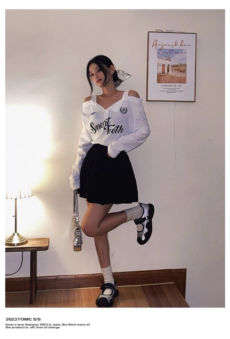 있음 선적 경관 그림 원본 원단 한국 스타일 핫걸 오프숄더 디자인 센스 슬립 패치워크 긴팔 티셔츠 태양 보호 셔츠 상세 이미지 13