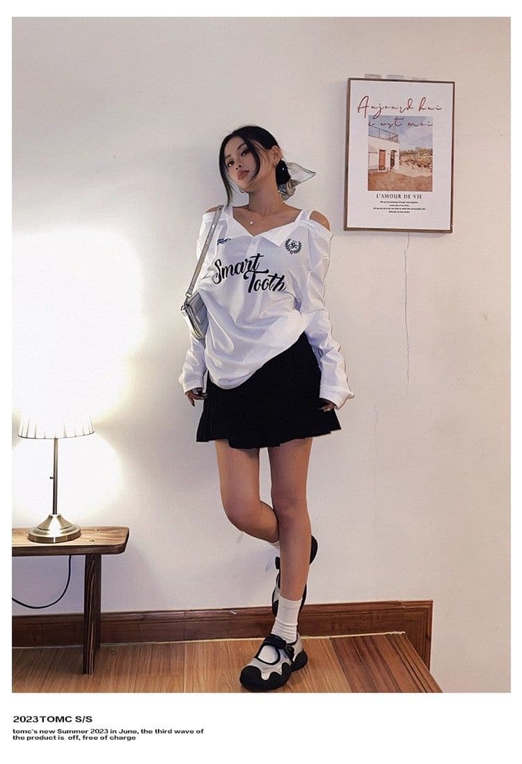 있음 선적 경관 그림 원본 원단 한국 스타일 핫걸 오프숄더 디자인 센스 슬립 패치워크 긴팔 티셔츠 태양 보호 셔츠 상세 이미지 14