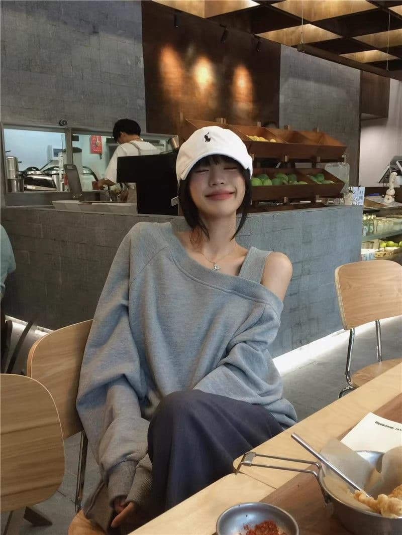 있음 선적 경관 그림 원본 원단 디자인 센스 비스듬한 어깨 루즈핏 후드티 캐주얼 다용도 오프숄더 맨위 상세 이미지 5