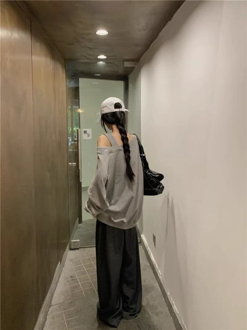 있음 선적 경관 그림 원본 원단 디자인 센스 비스듬한 어깨 루즈핏 후드티 캐주얼 다용도 오프숄더 맨위 상세 이미지 6