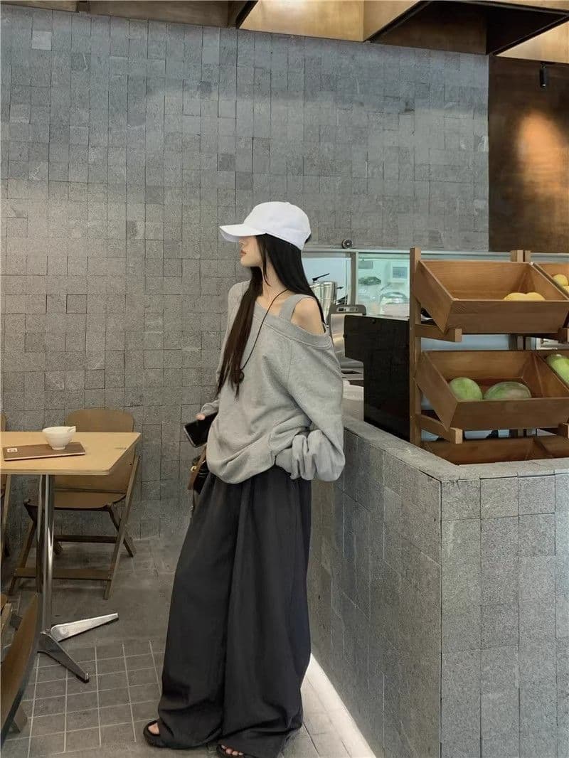 있음 선적 경관 그림 원본 원단 디자인 센스 비스듬한 어깨 루즈핏 후드티 캐주얼 다용도 오프숄더 맨위 상세 이미지 10