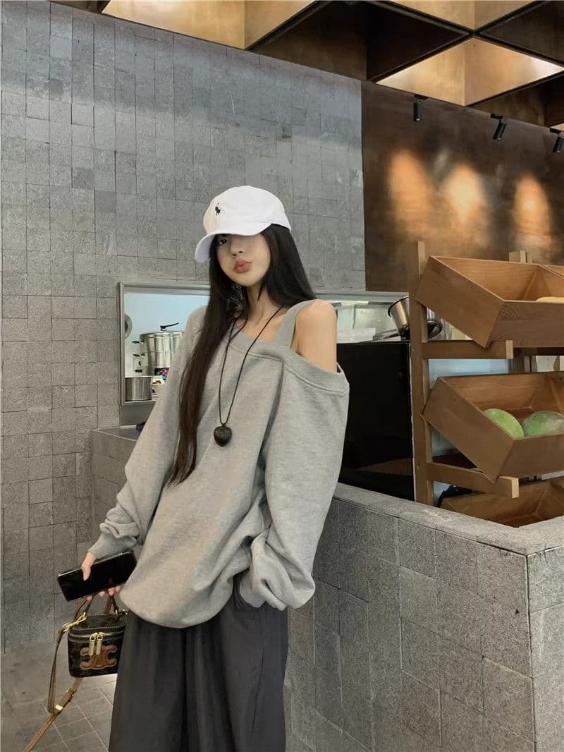 있음 선적 경관 그림 원본 원단 디자인 센스 비스듬한 어깨 루즈핏 후드티 캐주얼 다용도 오프숄더 맨위 상세 이미지 11