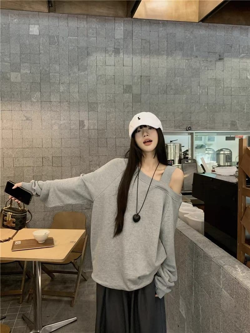 있음 선적 경관 그림 원본 원단 디자인 센스 비스듬한 어깨 루즈핏 후드티 캐주얼 다용도 오프숄더 맨위 상세 이미지 13
