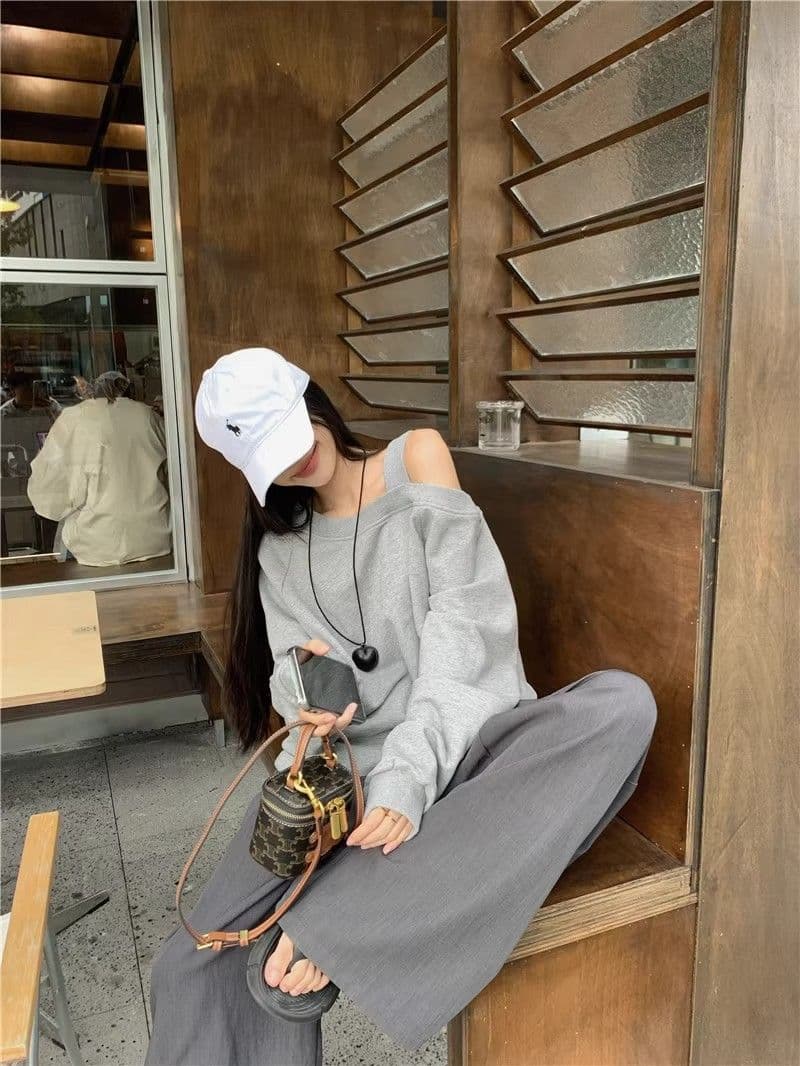 있음 선적 경관 그림 원본 원단 디자인 센스 비스듬한 어깨 루즈핏 후드티 캐주얼 다용도 오프숄더 맨위 상세 이미지 15