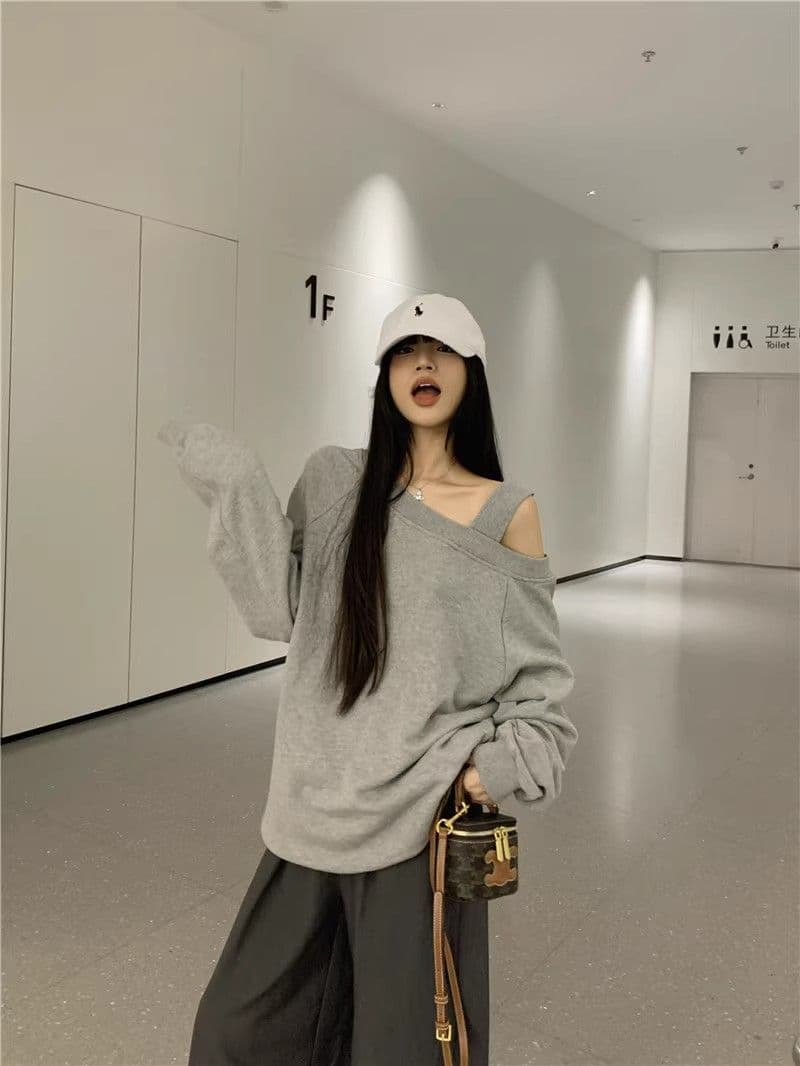 있음 선적 경관 그림 원본 원단 디자인 센스 비스듬한 어깨 루즈핏 후드티 캐주얼 다용도 오프숄더 맨위 상세 이미지 16