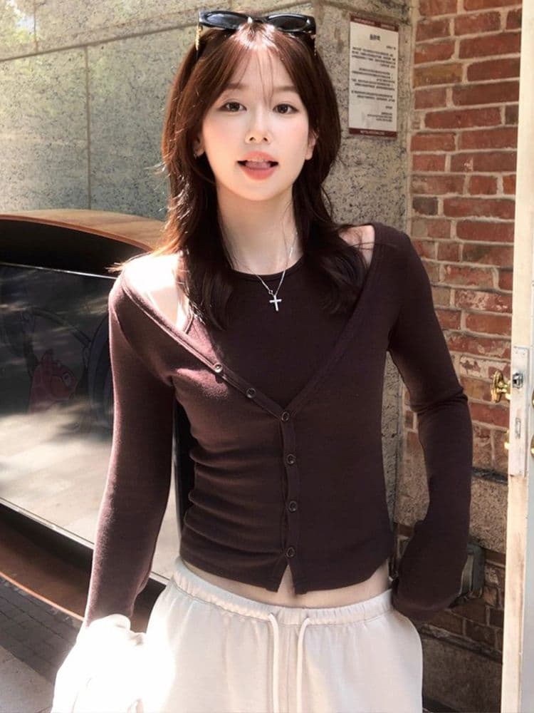 경관 그림 아메리칸 레트로 커피 색상 단어 조끼 슬립 여성 가을 작은 외투 긴팔 오픈 가디건 투피스 세트 상세 이미지 3