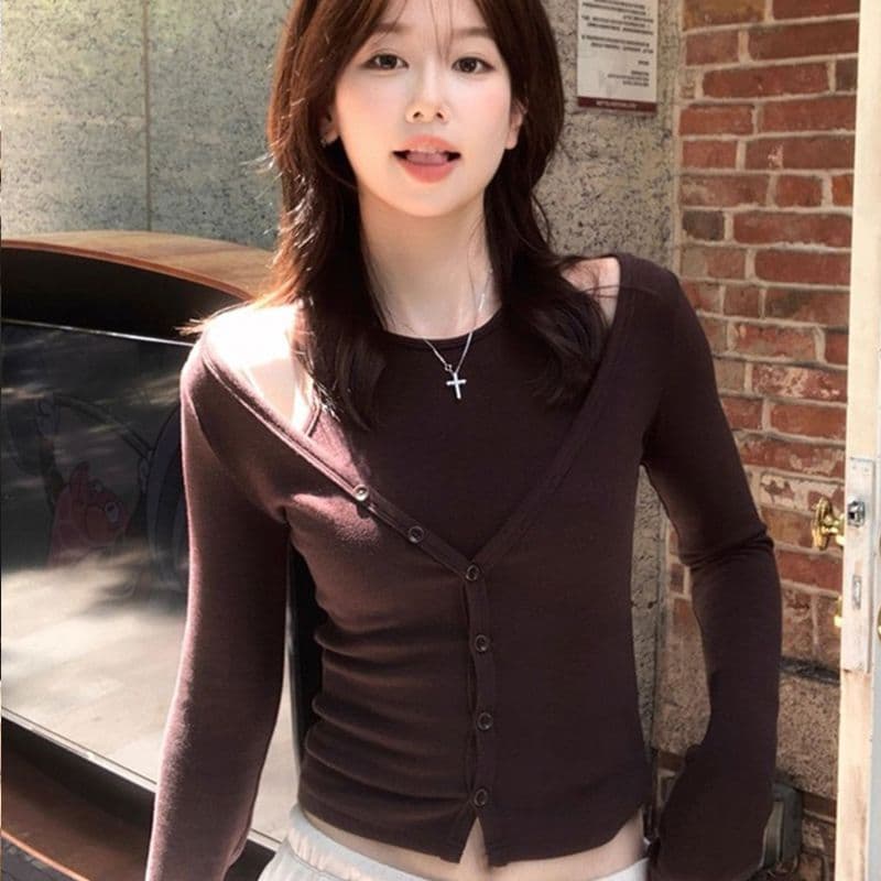 경관 그림 아메리칸 레트로 커피 색상 단어 조끼 슬립 여성 가을 작은 외투 긴팔 오픈 가디건 투피스 세트 상세 이미지 10