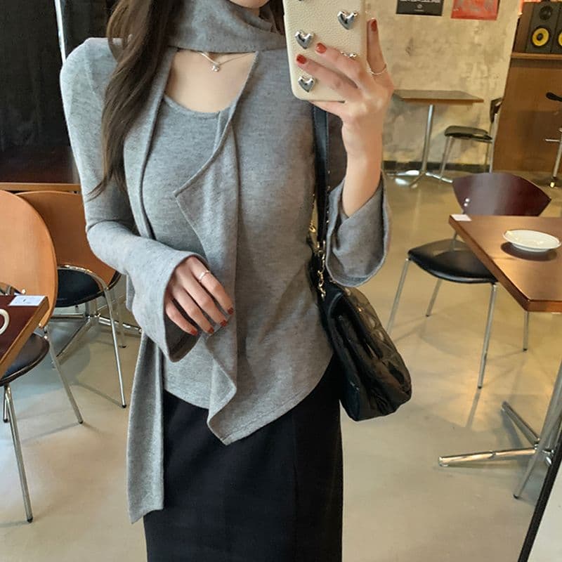 경관 그림 프릴 리본 라운드 넥 긴팔 티셔츠 여성 가을 새로운 불규칙 디자인 센스 만나는 맨위 이미지 2
