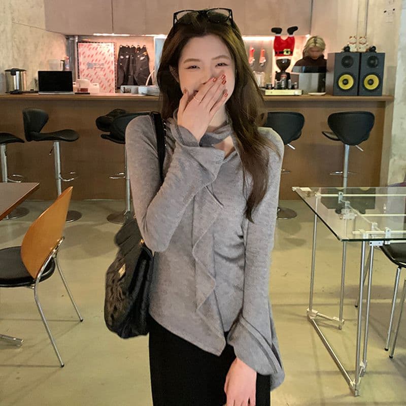 경관 그림 프릴 리본 라운드 넥 긴팔 티셔츠 여성 가을 새로운 불규칙 디자인 센스 만나는 맨위 이미지 5