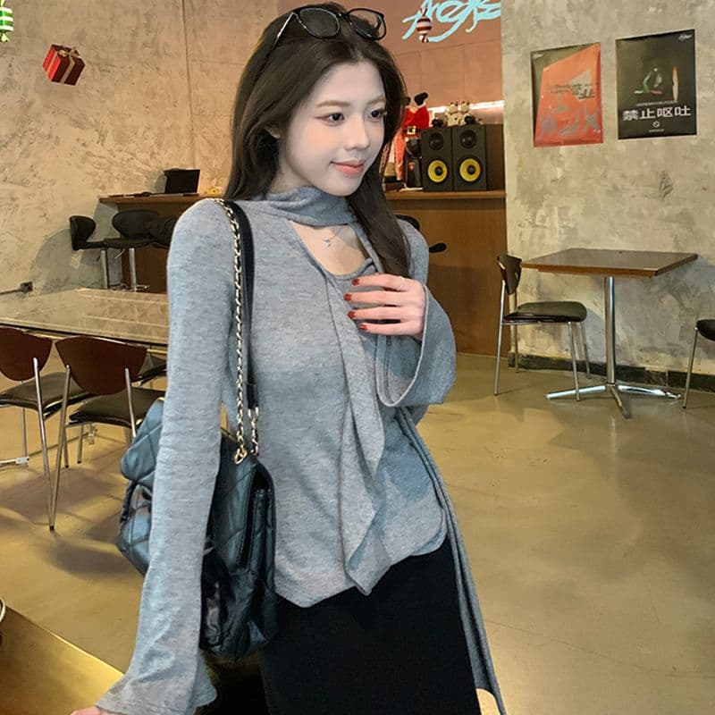 경관 그림 프릴 리본 라운드 넥 긴팔 티셔츠 여성 가을 새로운 불규칙 디자인 센스 만나는 맨위 이미지 3