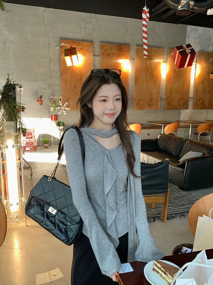 경관 그림 프릴 리본 라운드 넥 긴팔 티셔츠 여성 가을 새로운 불규칙 디자인 센스 만나는 맨위 상세 이미지 2