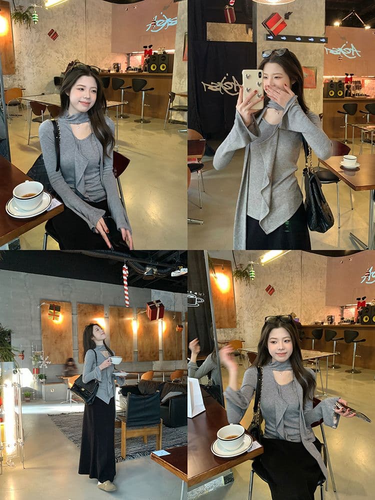 경관 그림 프릴 리본 라운드 넥 긴팔 티셔츠 여성 가을 새로운 불규칙 디자인 센스 만나는 맨위 상세 이미지 4
