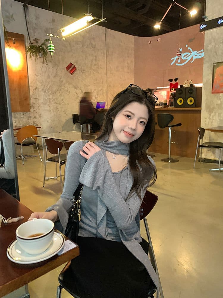 경관 그림 프릴 리본 라운드 넥 긴팔 티셔츠 여성 가을 새로운 불규칙 디자인 센스 만나는 맨위 상세 이미지 6
