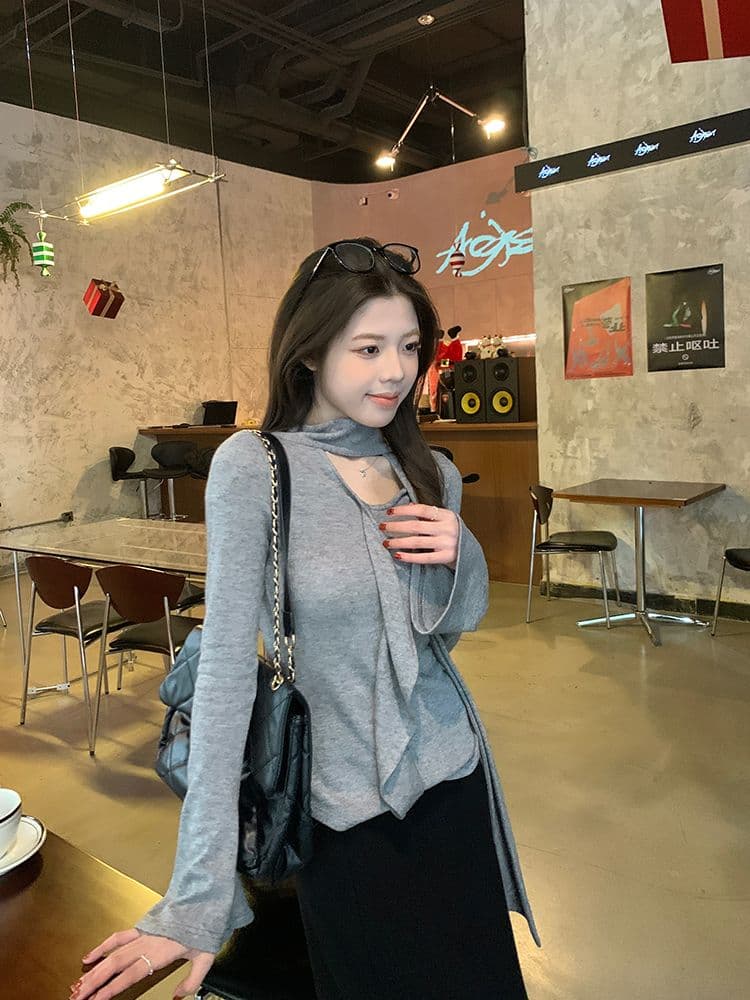 경관 그림 프릴 리본 라운드 넥 긴팔 티셔츠 여성 가을 새로운 불규칙 디자인 센스 만나는 맨위 상세 이미지 7