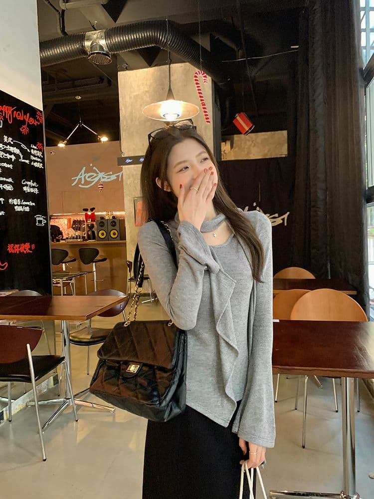 경관 그림 프릴 리본 라운드 넥 긴팔 티셔츠 여성 가을 새로운 불규칙 디자인 센스 만나는 맨위 상세 이미지 8
