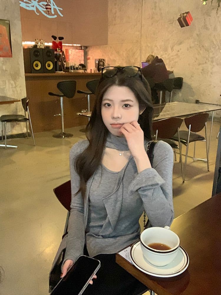 경관 그림 프릴 리본 라운드 넥 긴팔 티셔츠 여성 가을 새로운 불규칙 디자인 센스 만나는 맨위 상세 이미지 11