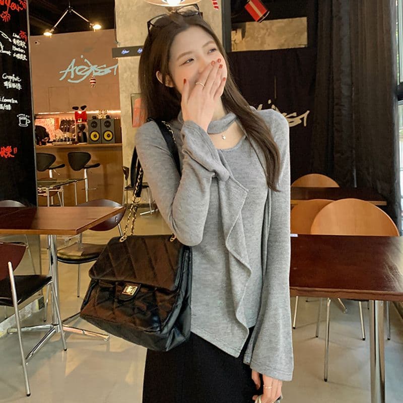 경관 그림 프릴 리본 라운드 넥 긴팔 티셔츠 여성 가을 새로운 불규칙 디자인 센스 만나는 맨위 상세 이미지 14