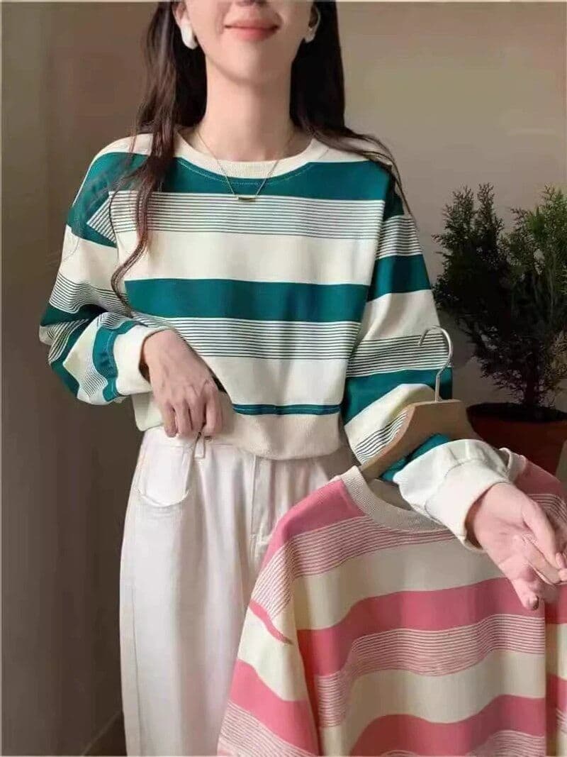 원본 품질 대외 무역 한국 스타일 면 물고기 규모 쇼트 스타일 스트라이프 라운드 넥 후드티 여성 가을 새로운 루즈핏 얇은 스타일 상세 이미지 12