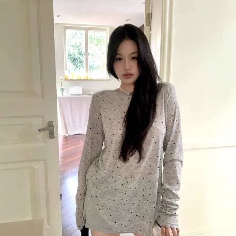 원본 품질 대외 무역 한국 스타일 새로운 도트 프린트 긴팔 티셔츠 여성 가을 트임 맨위 이미지 3