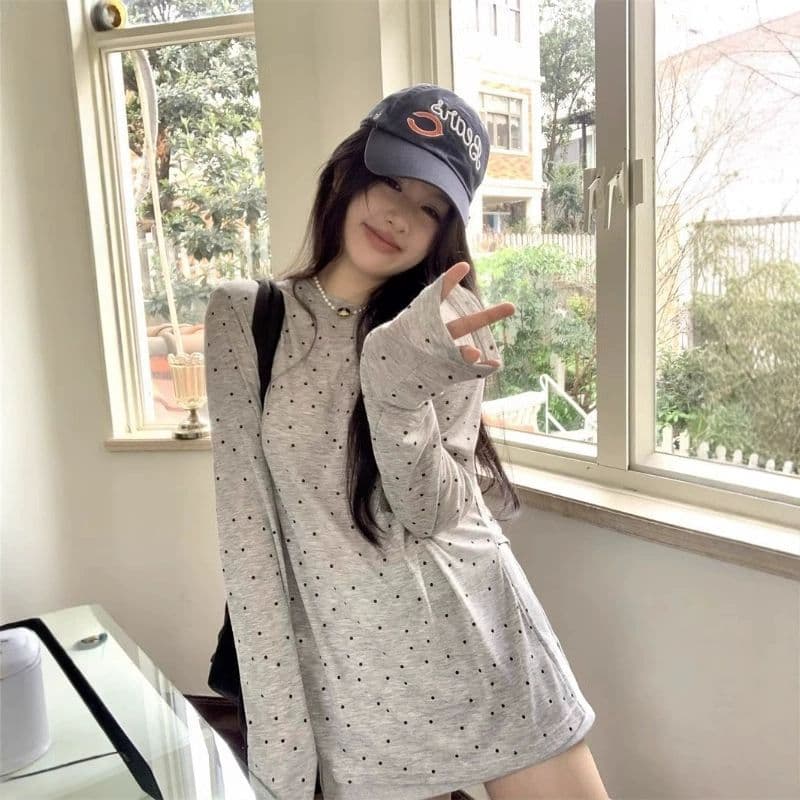 원본 품질 대외 무역 한국 스타일 새로운 도트 프린트 긴팔 티셔츠 여성 가을 트임 맨위