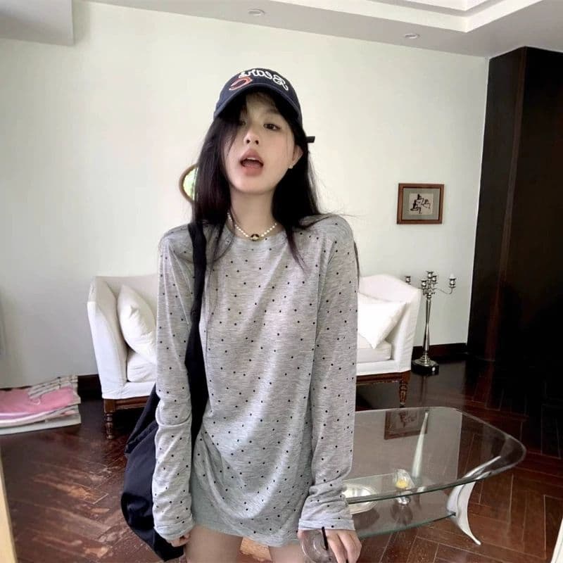 원본 품질 대외 무역 한국 스타일 새로운 도트 프린트 긴팔 티셔츠 여성 가을 트임 맨위 이미지 2