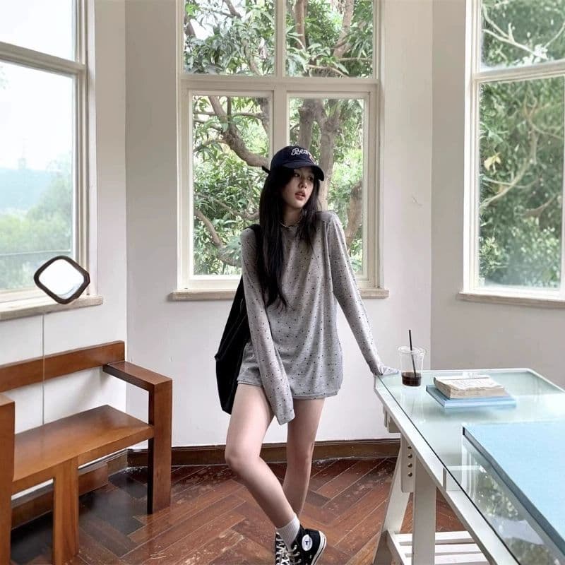 원본 품질 대외 무역 한국 스타일 새로운 도트 프린트 긴팔 티셔츠 여성 가을 트임 맨위 이미지 4