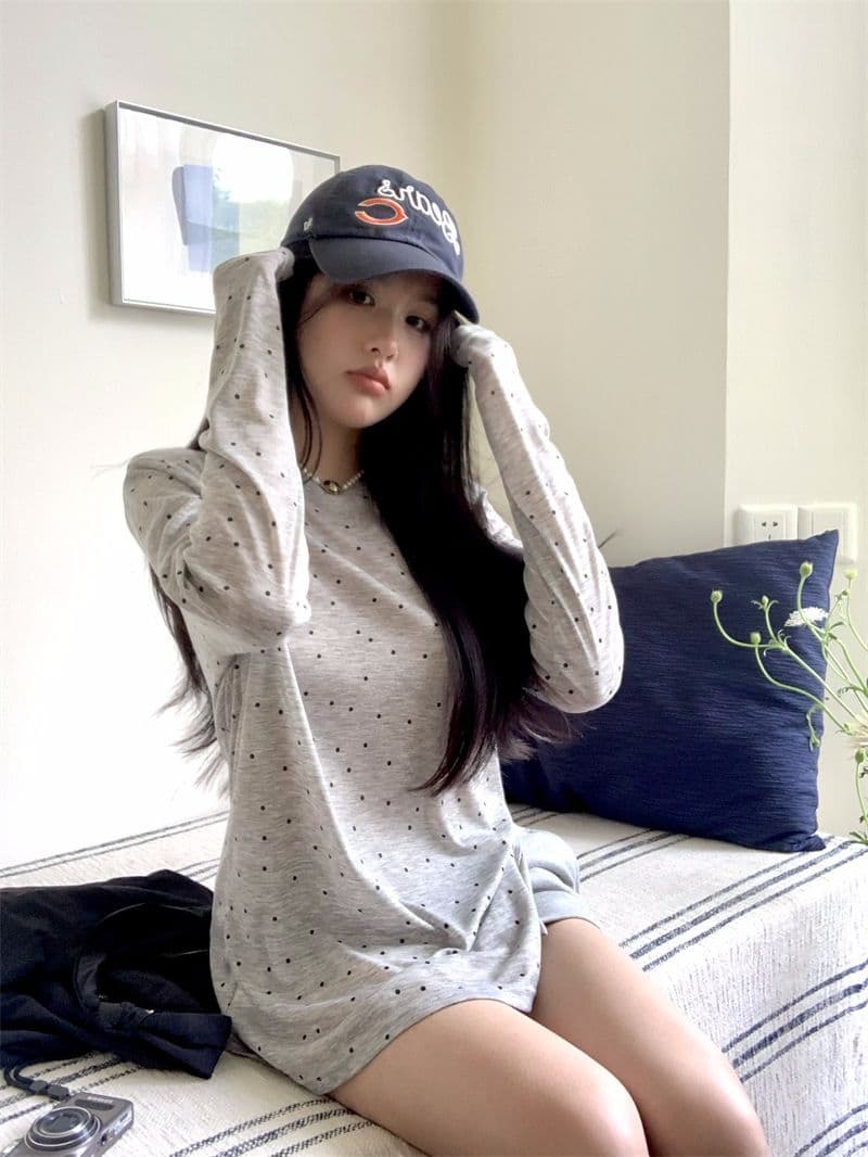 원본 품질 대외 무역 한국 스타일 새로운 도트 프린트 긴팔 티셔츠 여성 가을 트임 맨위 상세 이미지 2