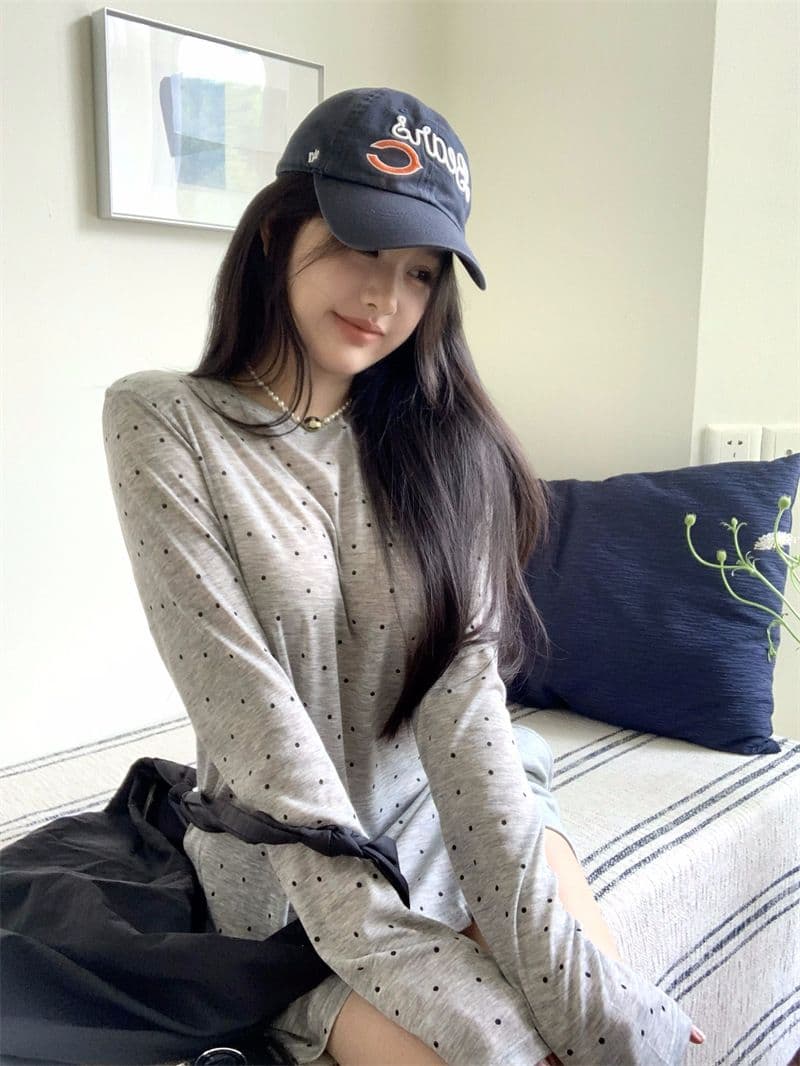 원본 품질 대외 무역 한국 스타일 새로운 도트 프린트 긴팔 티셔츠 여성 가을 트임 맨위 상세 이미지 3