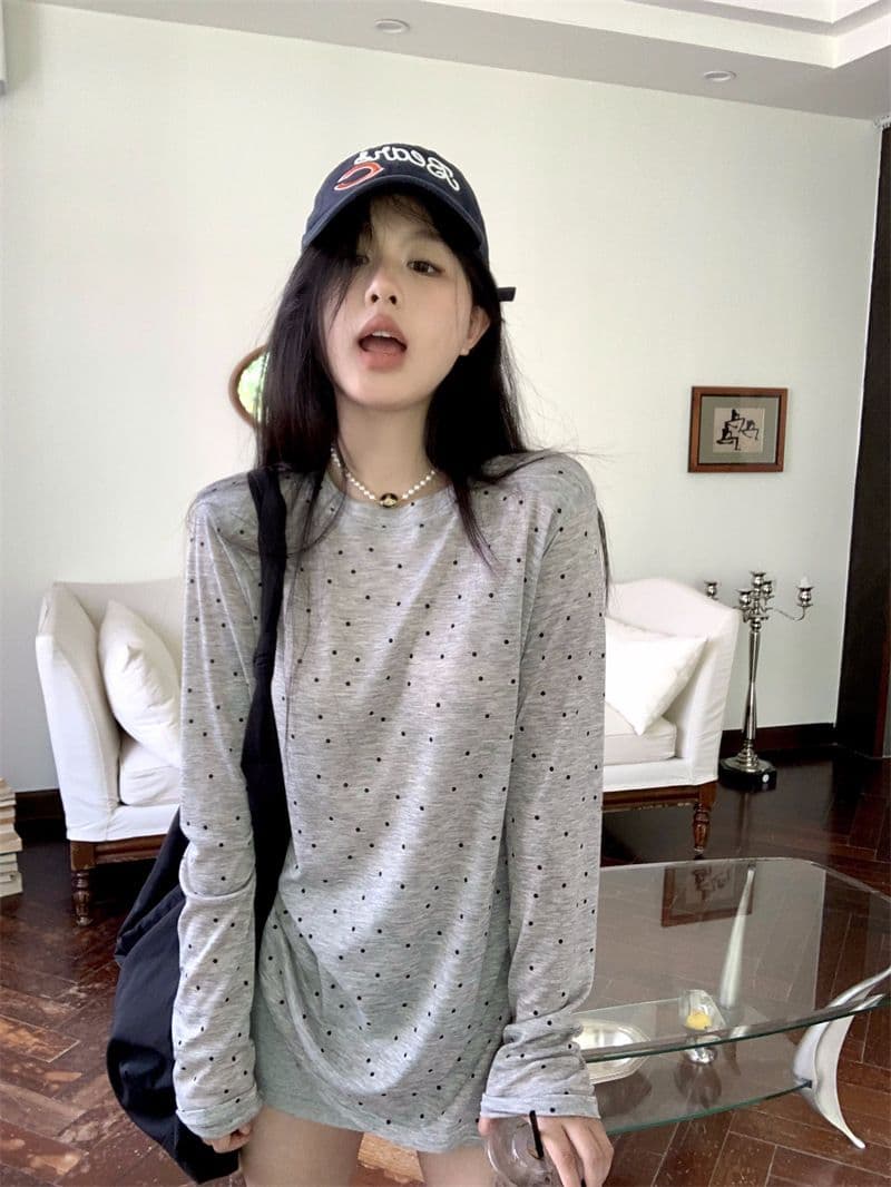 원본 품질 대외 무역 한국 스타일 새로운 도트 프린트 긴팔 티셔츠 여성 가을 트임 맨위 상세 이미지 7