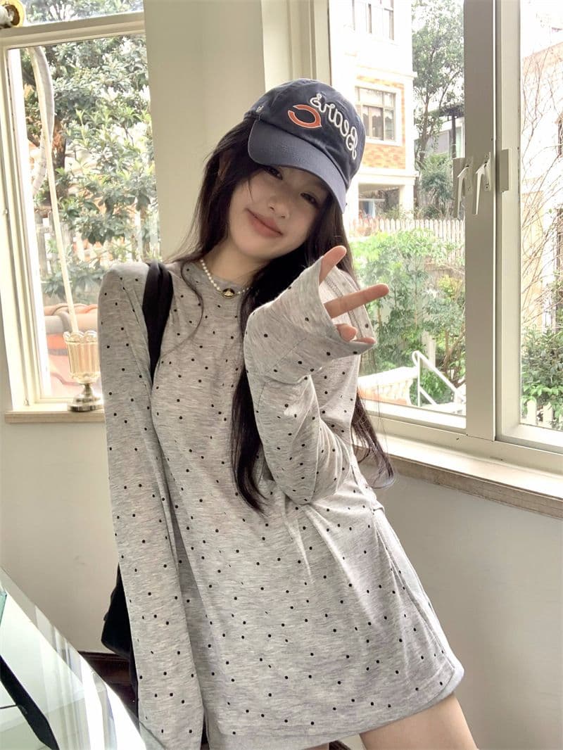 원본 품질 대외 무역 한국 스타일 새로운 도트 프린트 긴팔 티셔츠 여성 가을 트임 맨위 상세 이미지 11