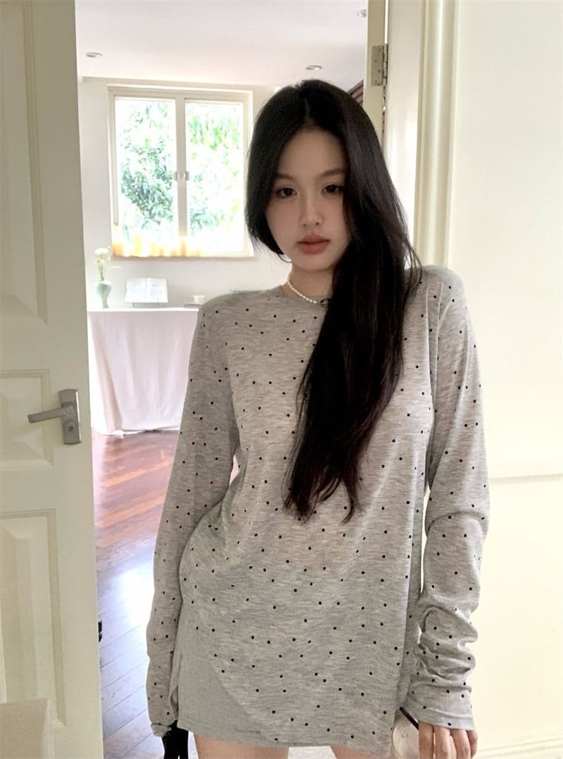 원본 품질 대외 무역 한국 스타일 새로운 도트 프린트 긴팔 티셔츠 여성 가을 트임 맨위 상세 이미지 13