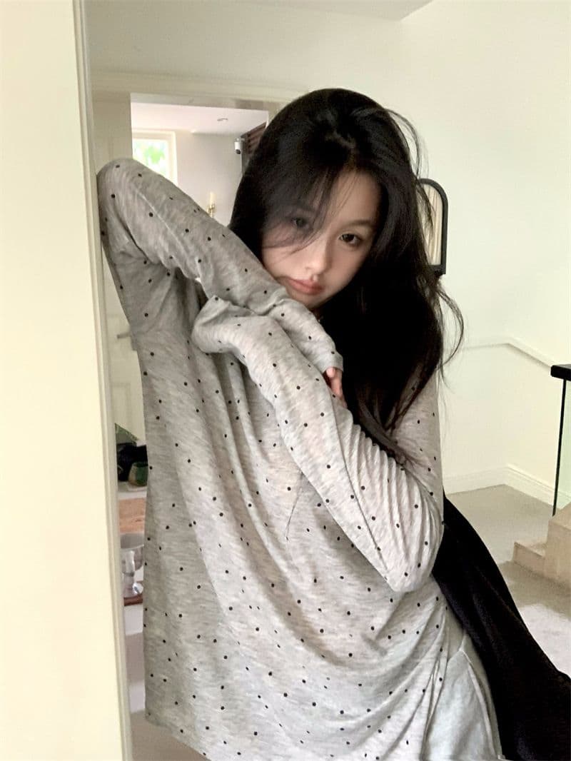 원본 품질 대외 무역 한국 스타일 새로운 도트 프린트 긴팔 티셔츠 여성 가을 트임 맨위 상세 이미지 14